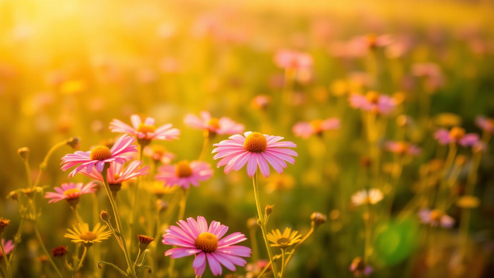 Sunlit wildflower field in pink and gold tones